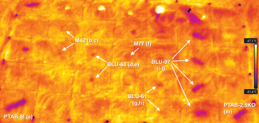 Figure 7. TIR anomalies from targets at a favourable time during the day. This TIR image was taken on Day 1 at 13:30 for a good comparison against the same thirteen targets and depths as in Figure 6 above. Dark is cool, light is warm.