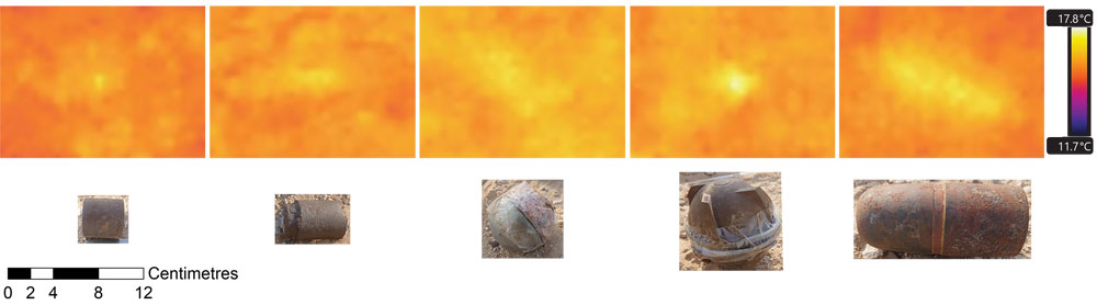 Figure 9. Submunition targets and example night-time anomalies from Night 3 at 23:00. Anomalies and targets are presented approximately to scale. Burial depths for TIR anomalies above are as follow: M42: 1.0 cm, M77: 1.0 cm, BLU-63: 1.0 cm, BLU-61: 0.7 cm, BLU-97: 1.3 cm.