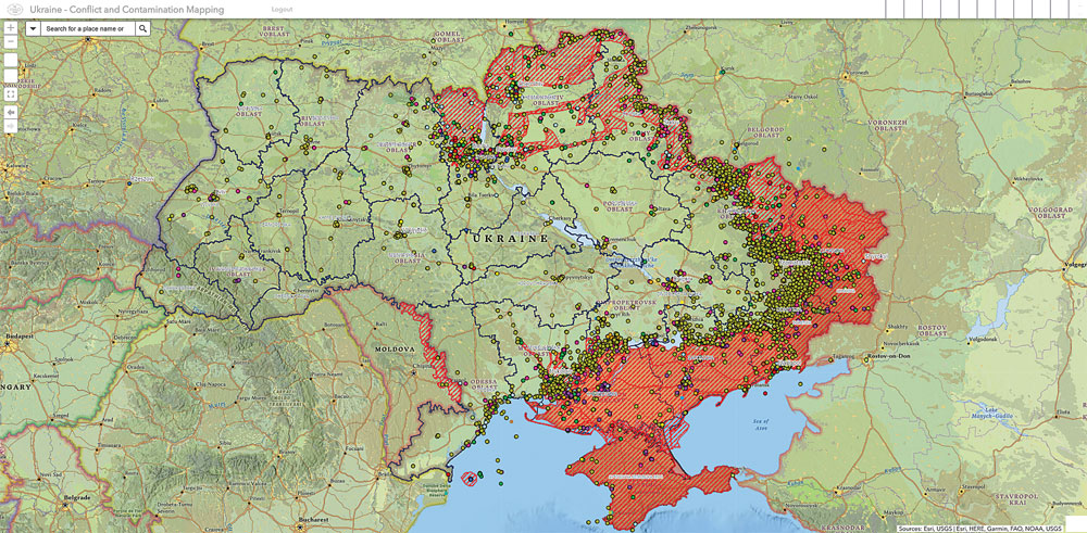 Figure 3. HALO’s conflict and contamination map as of 26 September 2022. Each dot corresonds to a unique event involving EO and the colors represent a different category based on HALO’s project objectives. 