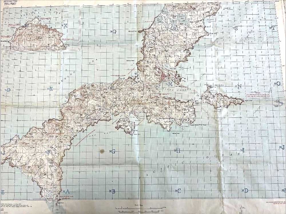 Former classified Kiska Map - Pre-Allied invasion of Japanese occupied Kiska Island. "War Department, Corps of Engineers, US Army," July 1943. One of the few if not only map of landmines emplaced on US soil by a foreign Army. The US Army suffered landmine casualties on the island. 