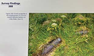 A six-inch projectile in the emplacement of a six-inch coastal defense battery on Little Kiska (Gun C). Image courtesy of the author/Museum of the Aleutians.