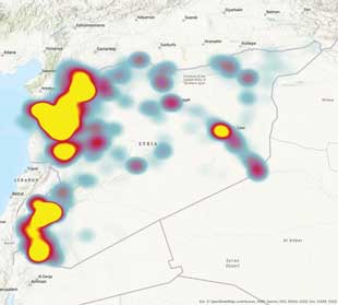 Figure 2. Nationwide heatmaps of the OSWE model (left), conflict intensity model (center), and UXO detonation model (right).