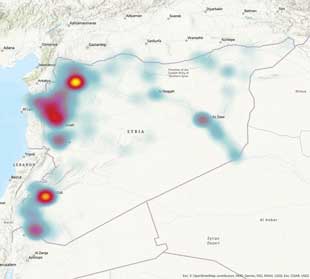 Figure 2. Nationwide heatmaps of the OSWE model (left), conflict intensity model (center), and UXO detonation model (right).