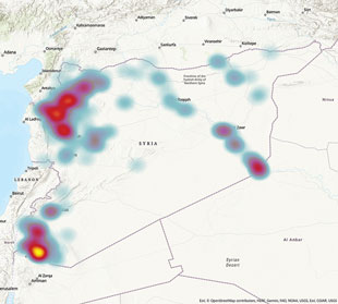 Figure 2. Nationwide heatmaps of the OSWE model (left), conflict intensity model (center), and UXO detonation model (right).