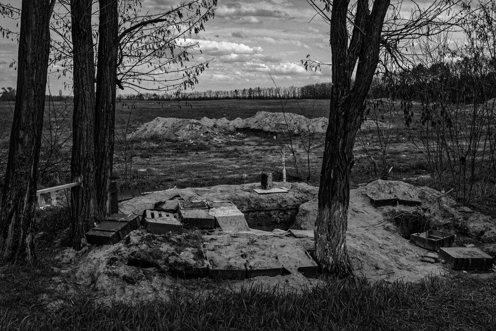 A view of abandoned Russian positions and minefields in Hostomel.