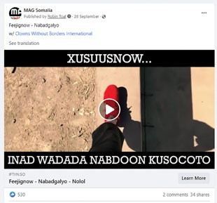 A short risk education video developed by Clowns Without Borders in the Maxa language for Somalia delivered using Facebook ads.