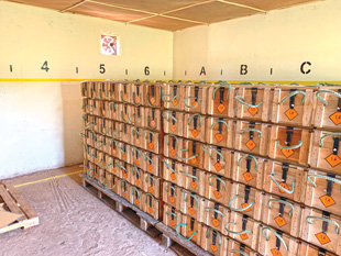 Stacks of small arms ammunition in a model storage facility in West Africa after a successful PSSM training intervention. All images courtesy of BICC.