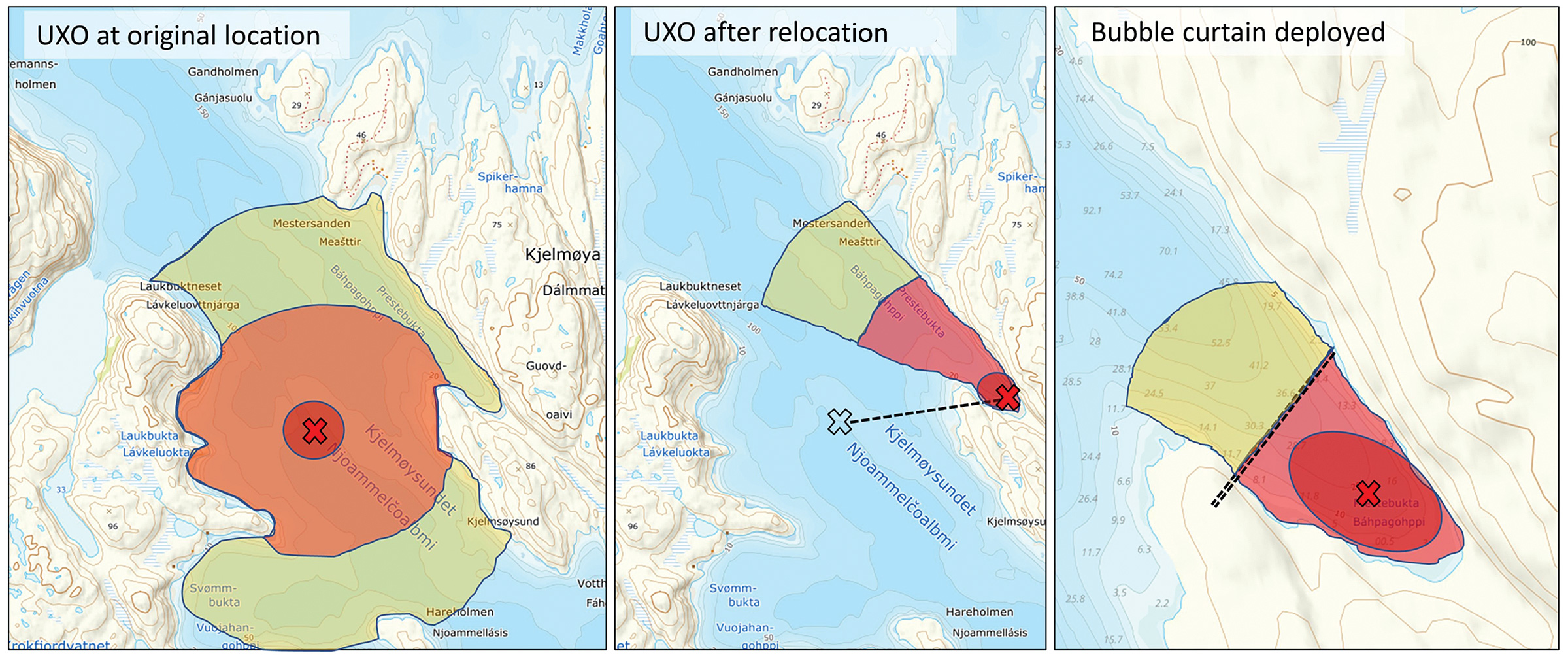 Figure 2. Illustration of how the ERW effect zones (i.e., mortality, injury, and stress/flight) could be reduced by relocation and the use of bubble curtains.  Image courtesy of Geir P. Novik.