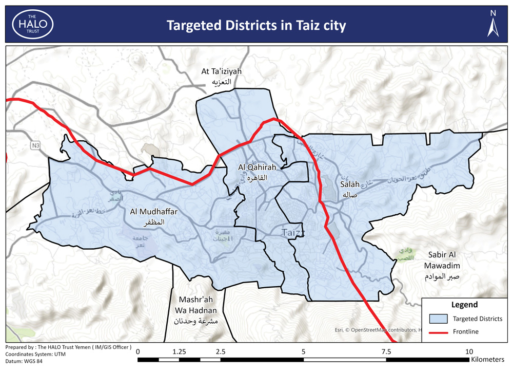 Figure 3. The three main districts of Ta’iz city where HALO’s activities will take place close to the frontline. Another key road runs southeast into Sabir Al Mawadin which the project anticipates working on in early 2023.  Figure courtesy of The HALO Trust.