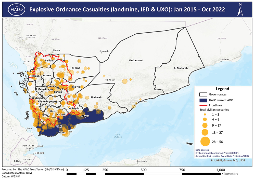 Data source: Civilian Impact Monitoring Project (CIMP) and Armed Conflict Location and Event Data Project (ACLED), which use publicly available open-source data of recorded EO accidents. Map is overlaid with HALO's area of operations (blue) and the IRG/DFA frontline (red). Map courtesy of The HALO Trust.