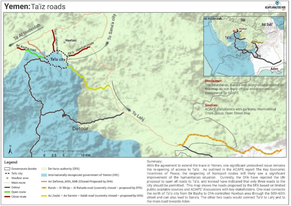 Figure 2. Location of Ta’iz city and major road locations in relation to the frontline between IRG and DFA forces. Figure courtesy of ACAPS Ayalysis Hub.