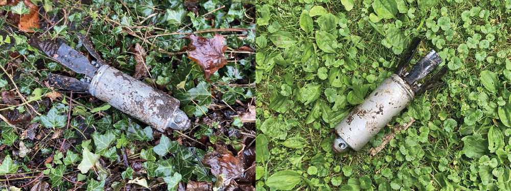 On the left an image of a submunition laying in a field, on the right is the Lidar duplicate image