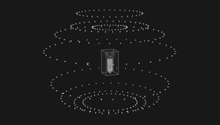 Nine elliptical shapes made up of dots stacked uupon each other with ain image of a submunition in the center, all on a black background