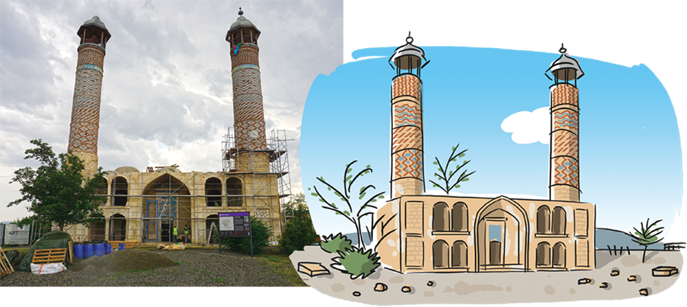A photograph of a mosque side-by-side with an animated mosque.