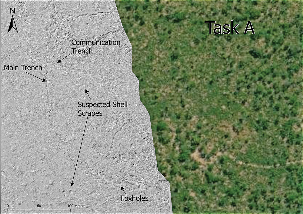 Lidar data overlaid on the task, showing features such as trenches and craters