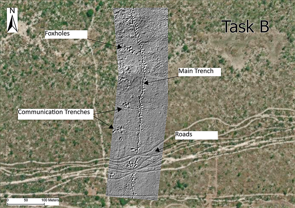 Lidar data from Task B showing one main trench, four communication trenches, and multiple suspected foxhole locations.