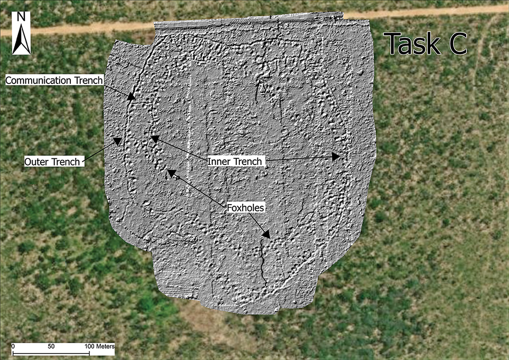  Lidar data over Task C, showing the trenches and foxholes that are not visible through the vegetation. 