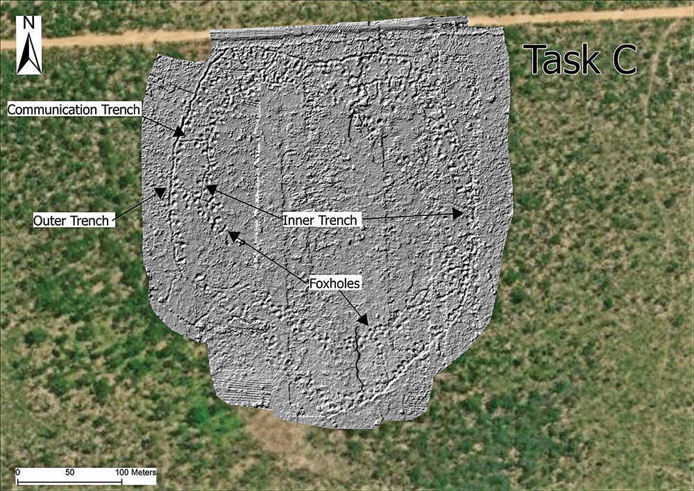 Lidar data over Task C, showing the trenches and foxholes that are not visible through the vegetation.