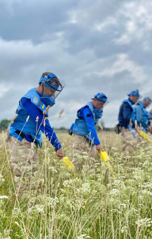 Several people wearing personal protective equipment and holding yellow metal detectors in a field of tall grass.