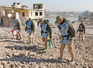 Five men walk across rocky hill while looking at the ground..