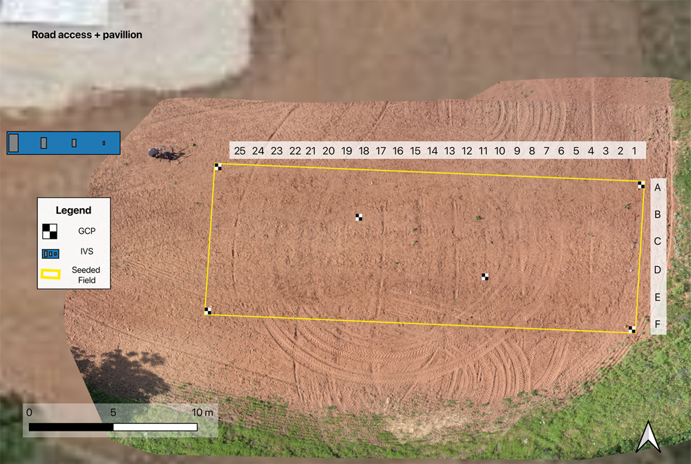 Birdseye view of dirt field with yellow frame indicating an area of interest.