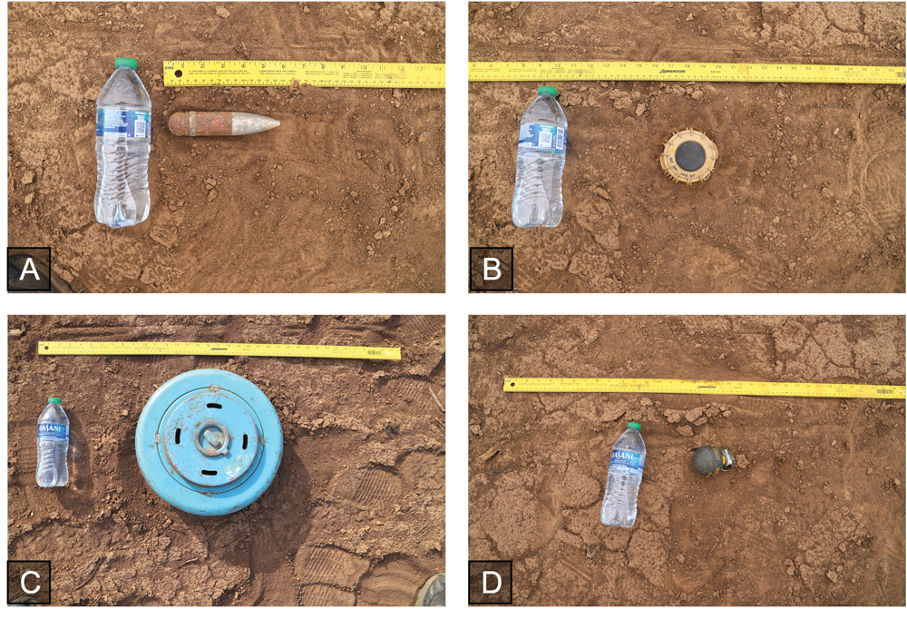 A collage of images featuring munitions in the dirt with water bottles for scale.