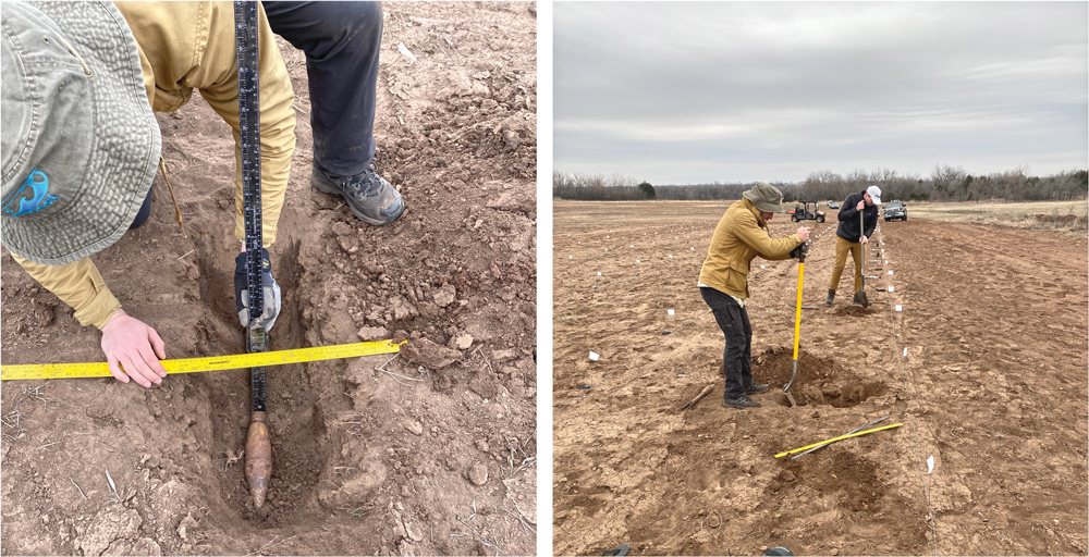 Adjacent images of two men digging holes in a dirt field and burying items of ordnance.