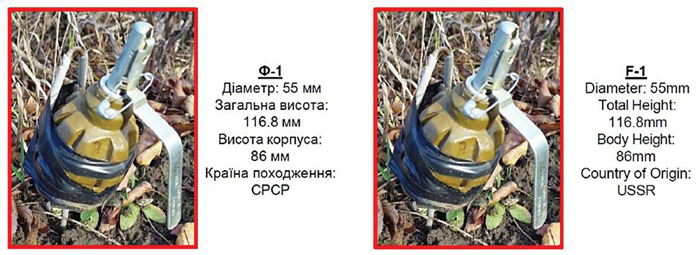 Two adjacent images of a hand grenade with technical specifications.