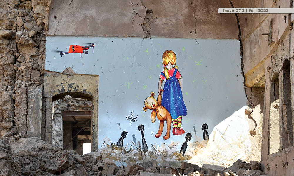 A UAV looks at a mural of a little girl holding a teddy bear surrounded by unexploded ordnance