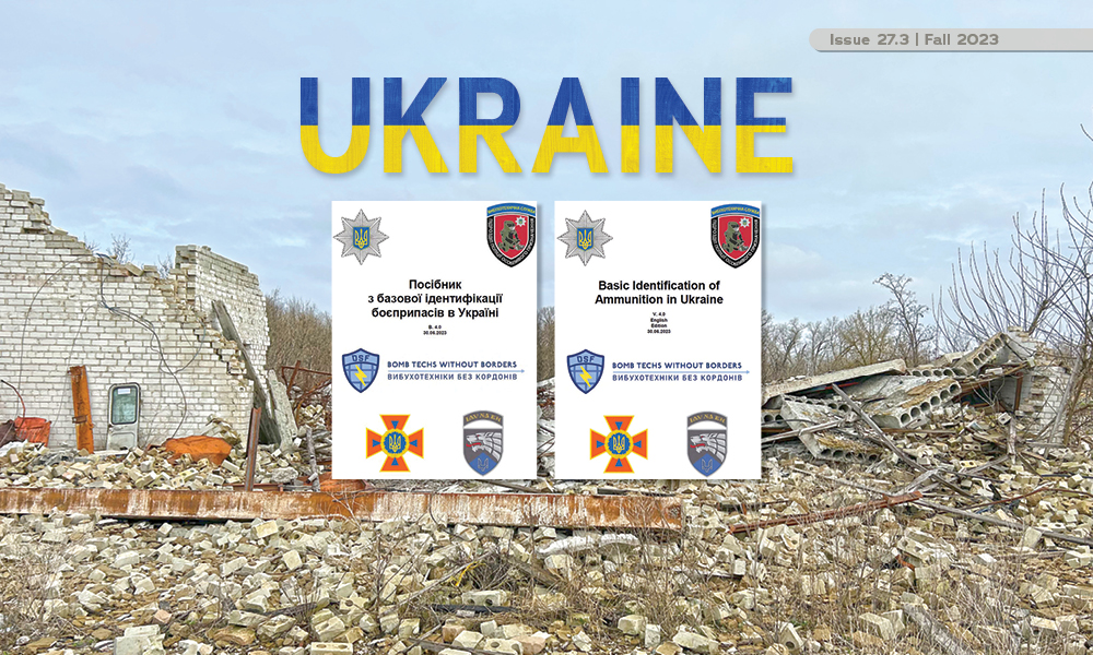 Ruined buildings and superimposed covers of an ammunition identification guide, text reads "Ukraine" in Ukrainian flag colors
