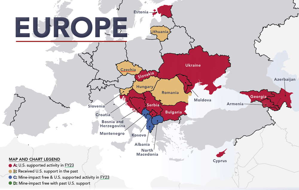 A map of Europe with different countries/regions indicated countries with US-funded activity in FY23. See funding chart for alternate version of same information.