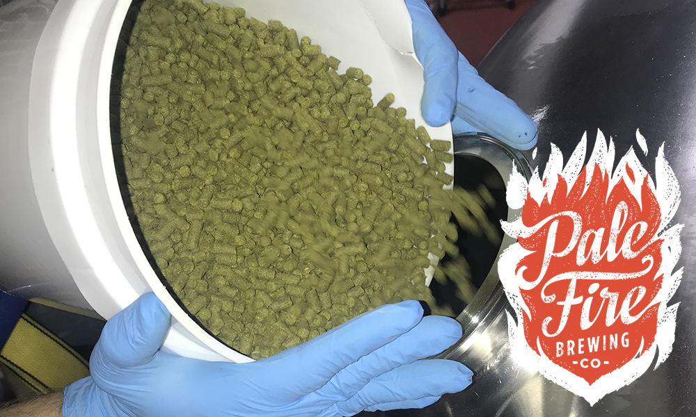 Hops being poured into a brite tank at Pale Fire Brewing Co. - 2020