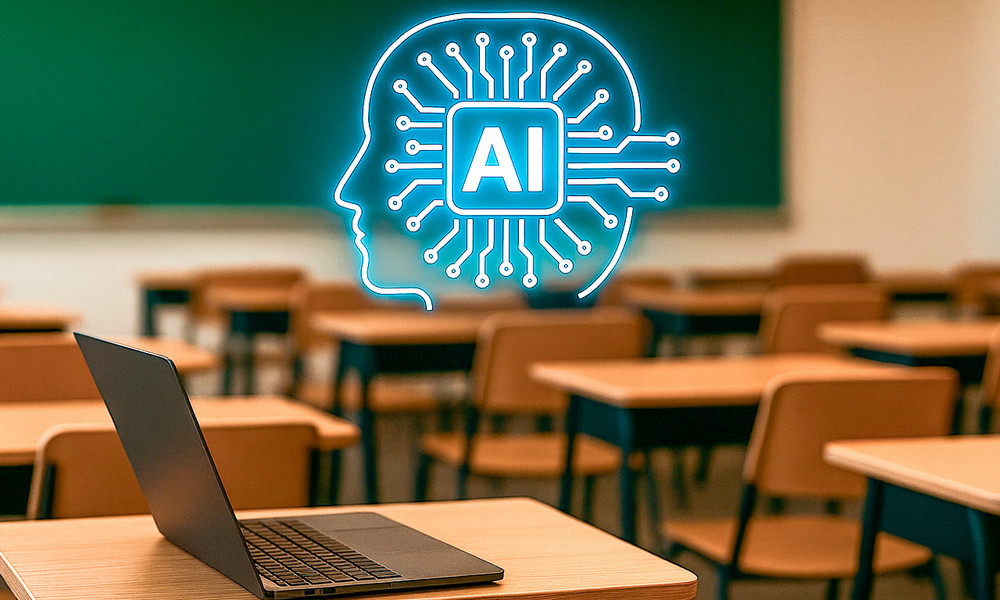 A classroom with rows of empty desks and chairs, a laptop on the front desk, and a glowing outline of a human head with circuit lines and the letters ‘AI’ in the center, symbolizing artificial intelligence in education.