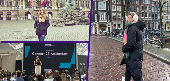 A collage featuring three scenes: a historic building with flags in an urban setting, a woman in a winter coat smiling in a city, and a conference stage presenting "Connect'25 Amsterdam" to an audience.