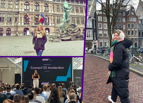 Collage featuring Taylor Holmes posing in front of a monument in Antwerp, speaking at an event in Amsterdam, and walking along a canal street lined with bikes.