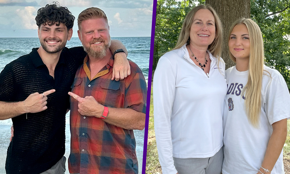 On the left a father and son stand smiling, pointing at one another with the ocean in the background. On the right, a mother and daughter, both with long blonde hair, stand outside beneath a tree.