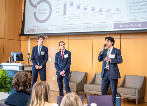 Students from The Madison Investment Fund presenting a business proposal during an event at JMU.