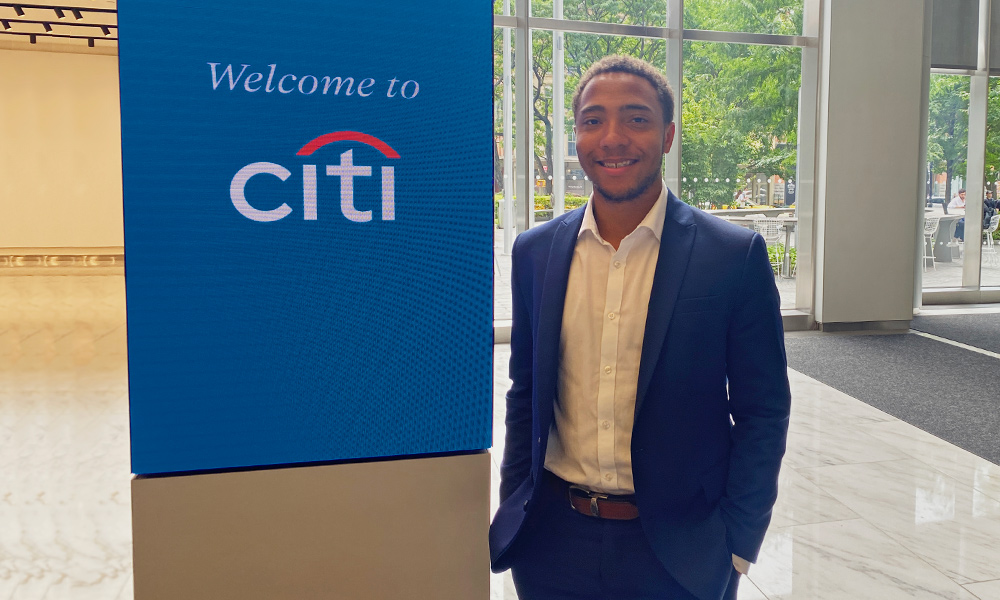 Jordan Lucas at Citi’s headquarters in New York City, where he completed an internship this summer.