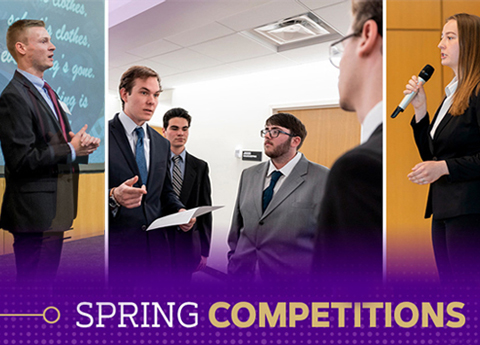 Students in business attire presenting and speaking during a spring competitions event.