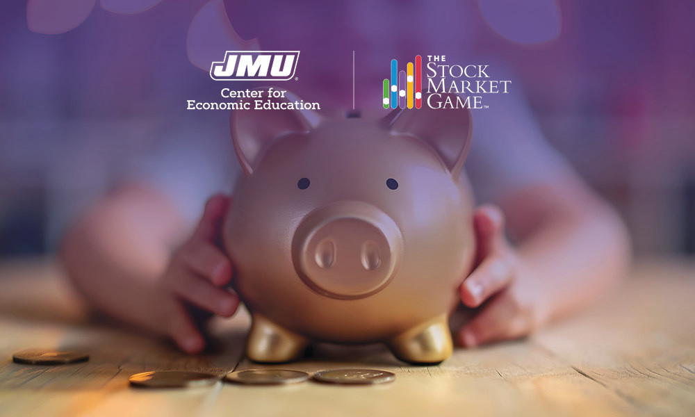 Stock image of a piggy bank in a child's hands with Center for Economic Education and Stock Market Game logos. 
