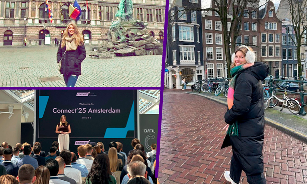 Top Left: Taylor Holmes ('17) stands in front of a grand historic building adorned with flags and a statue, showcasing the architectural elegance and cultural heritage of Antwerp. Bottom Left: Taylor presents at the "Connect '25 Amsterdam" conference with a large screen displaying the event branding behind them, indicating a formal and engaging professional gathering. Right Side: Taylor walks along a picturesque Amsterdam street lined with traditional Dutch buildings and bicycles, dressed warmly for the cold weather, highlighting the charm and everyday life of the city.