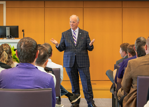 JMU’s newest president James C. Schmidt addresses an audience at the college’s Fall Town Hall.