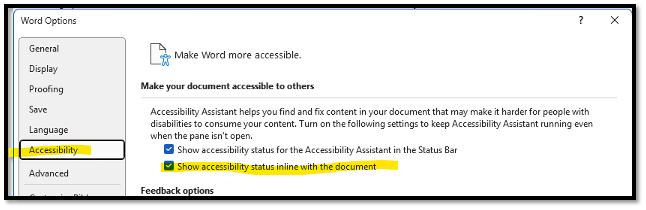 Accessibility inline status feature