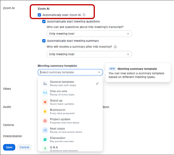 Zoom AI Options Menu