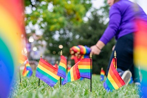photo of rainbow flags being set up on quad