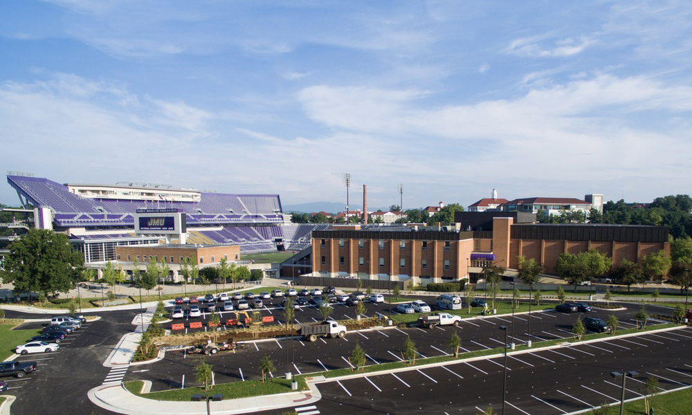 View of Godwin Hall, F-Lot and the stadium, taken from the air