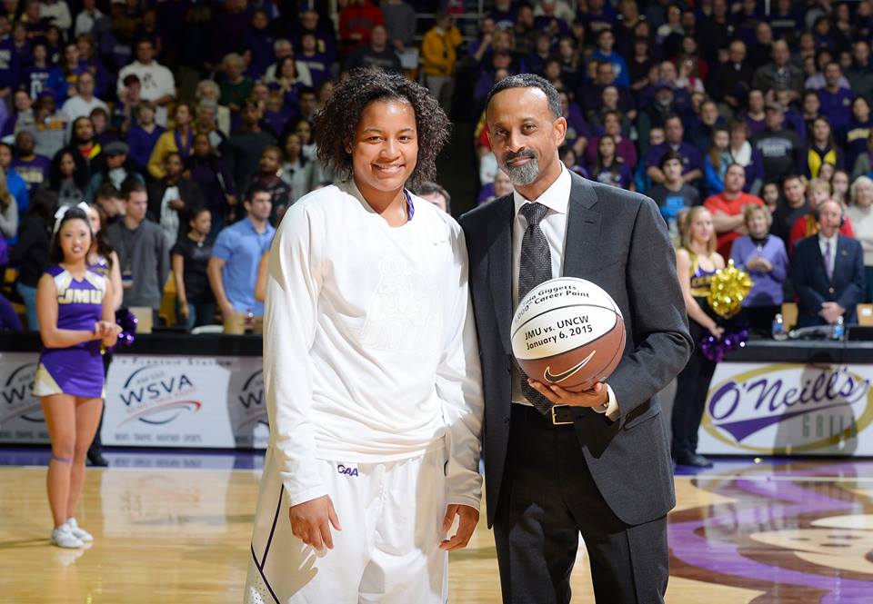 Toia Giggetts after scoring her 1000th point with the Dukes - 2015