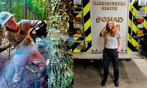 Female student using a chainsaw and standing behind a fire truck