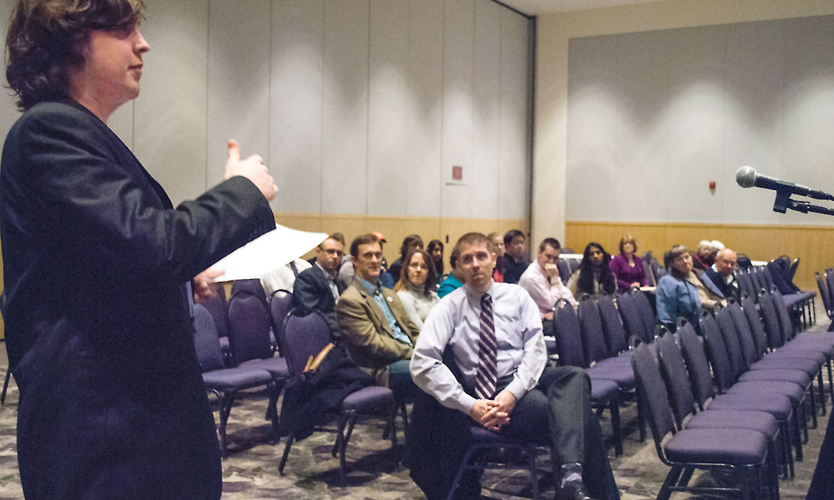 JMU senior communication studies major Oliver Brass addresses the Citizenship Forum. 