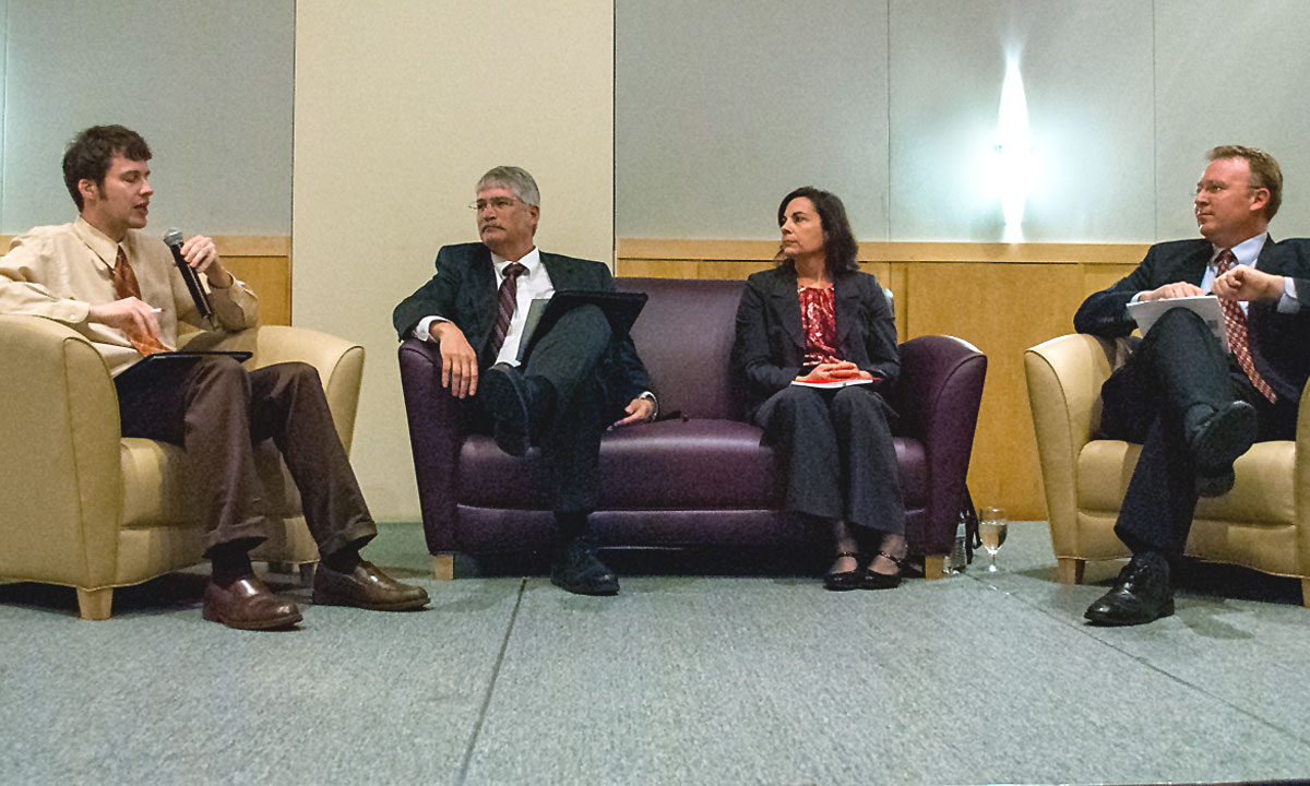 Brian Kaylor, moderator, introduces Citizenship Forum panelists (l-r) Jim Shaeffer, Meg Mulrooney and Chaz Evans-Haywood.